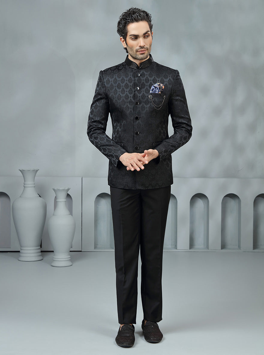 Black Self Design Jodhpuri Suit | JadeBlue