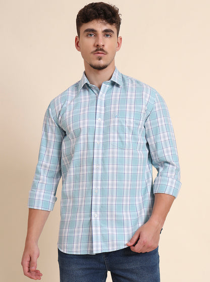 Aqua Blue Checked Smart Fit Semi Casual Shirt | Greenfibre