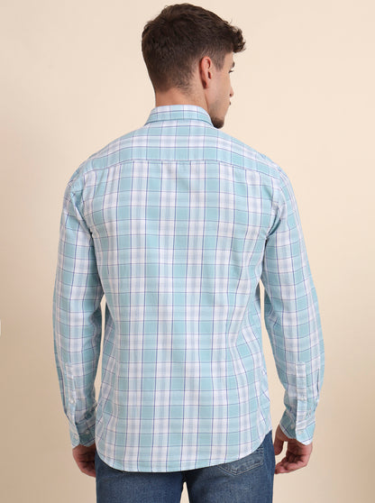 Aqua Blue Checked Smart Fit Semi Casual Shirt | Greenfibre
