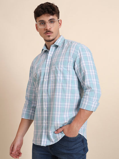 Aqua Blue Checked Smart Fit Semi Casual Shirt | Greenfibre