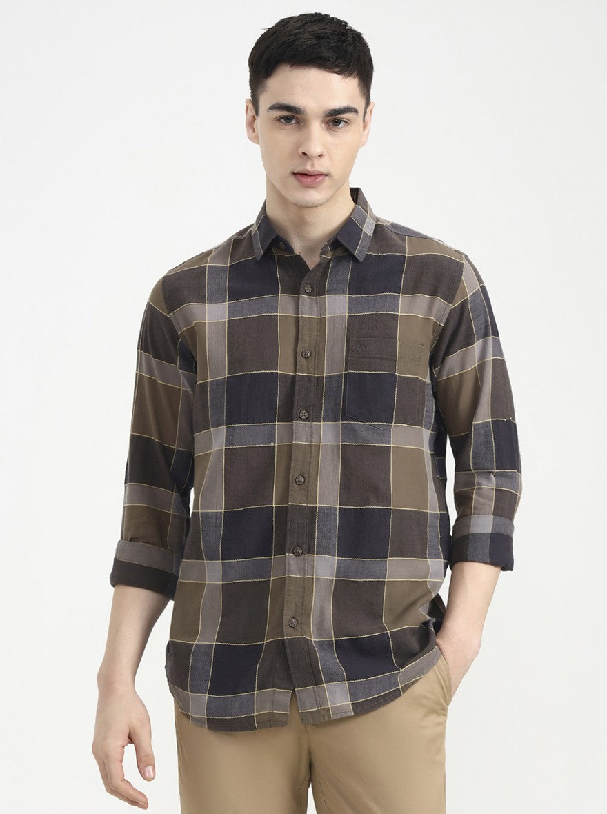 Brown Checked Slim Fit Casual Shirt | JadeBlue