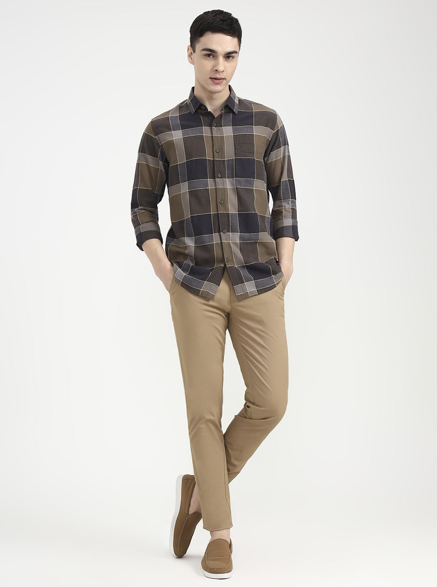 Brown Checked Slim Fit Casual Shirt | JadeBlue