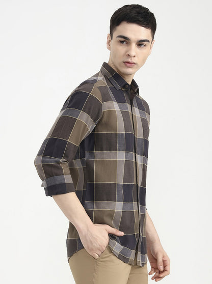 Brown Checked Slim Fit Casual Shirt | JadeBlue