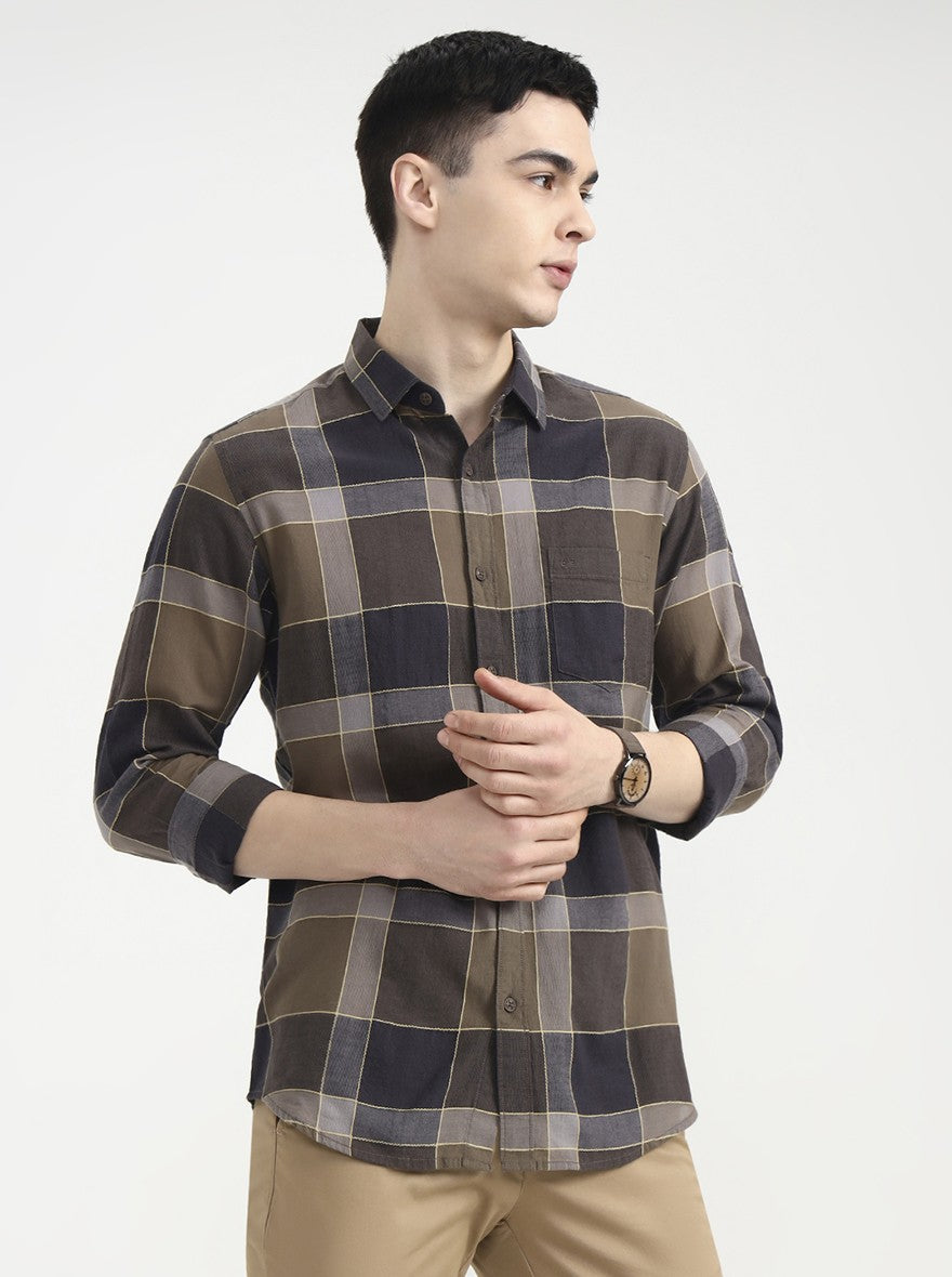 Brown Checked Slim Fit Casual Shirt | JadeBlue