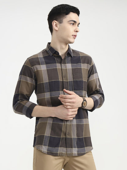 Brown Checked Slim Fit Casual Shirt | JadeBlue