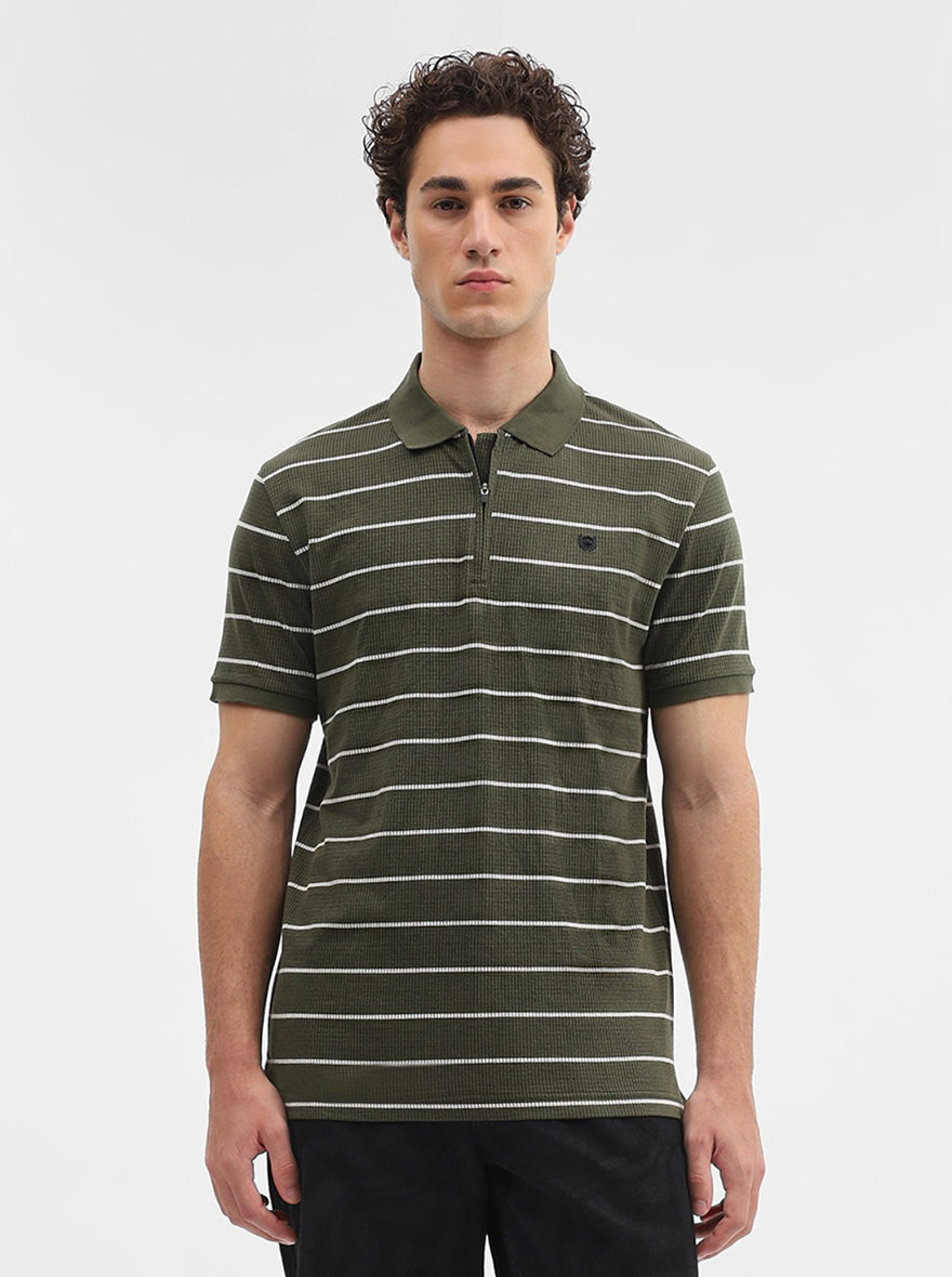 Olive Green Striped Slim Fit Polo T-Shirt | JadeBlue