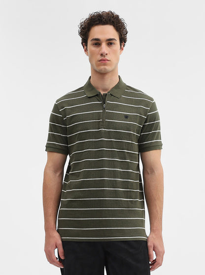 Olive Green Striped Slim Fit Polo T-Shirt | JadeBlue