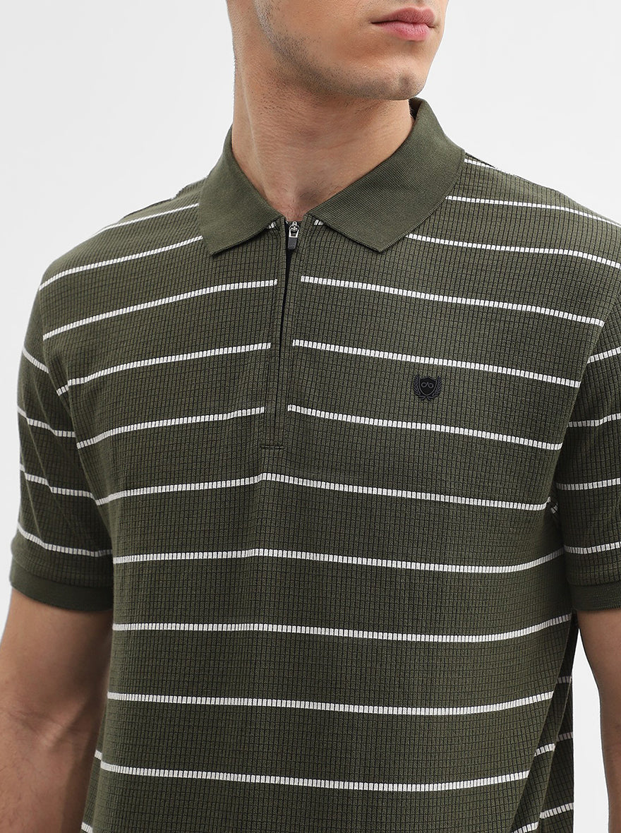 Olive Green Striped Slim Fit Polo T-Shirt | JadeBlue