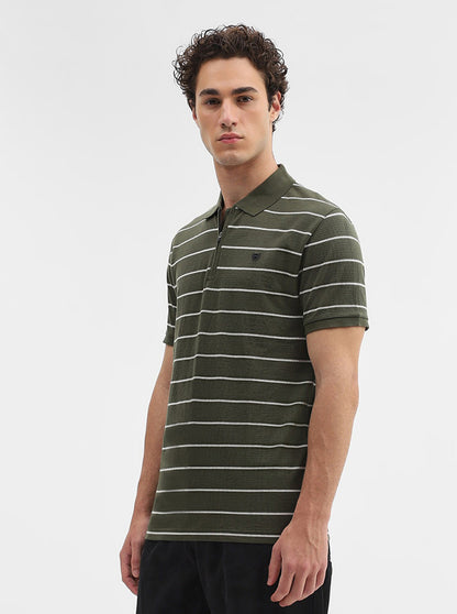 Olive Green Striped Slim Fit Polo T-Shirt | JadeBlue