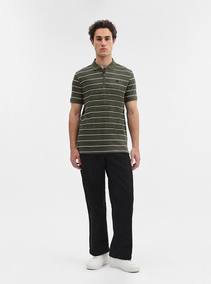 Olive Green Striped Slim Fit Polo T-Shirt | JadeBlue