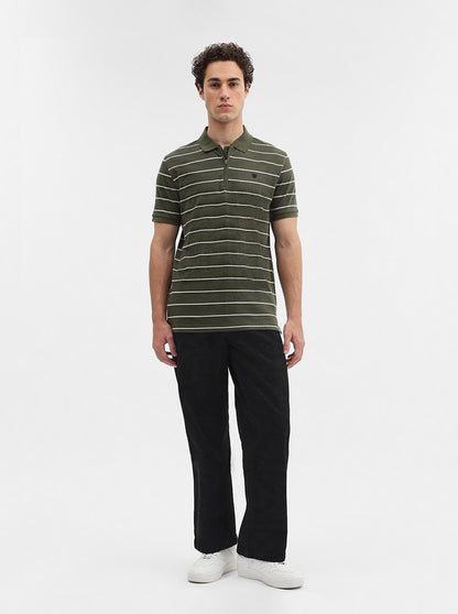 Olive Green Striped Slim Fit Polo T-Shirt | JadeBlue