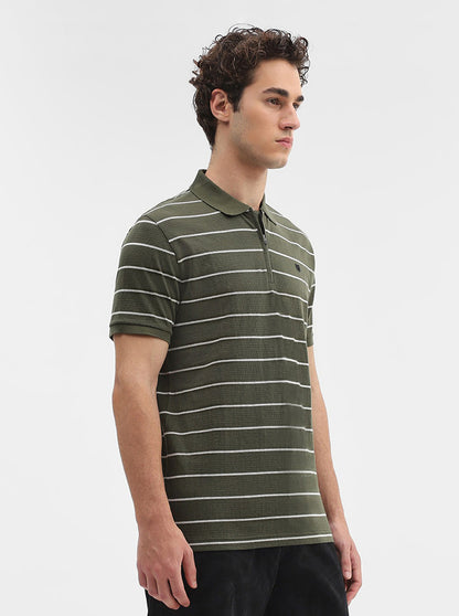 Olive Green Striped Slim Fit Polo T-Shirt | JadeBlue