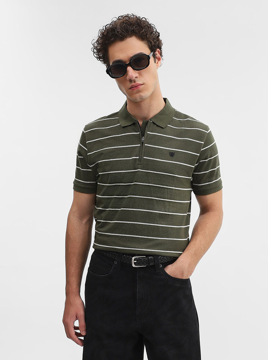 Olive Green Striped Slim Fit Polo T-Shirt | JadeBlue