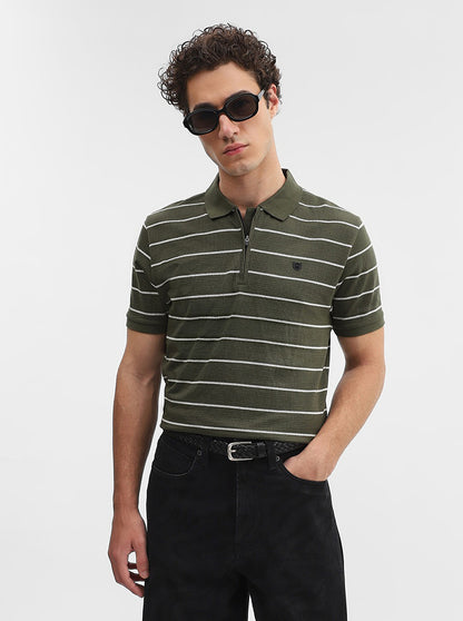 Olive Green Striped Slim Fit Polo T-Shirt | JadeBlue