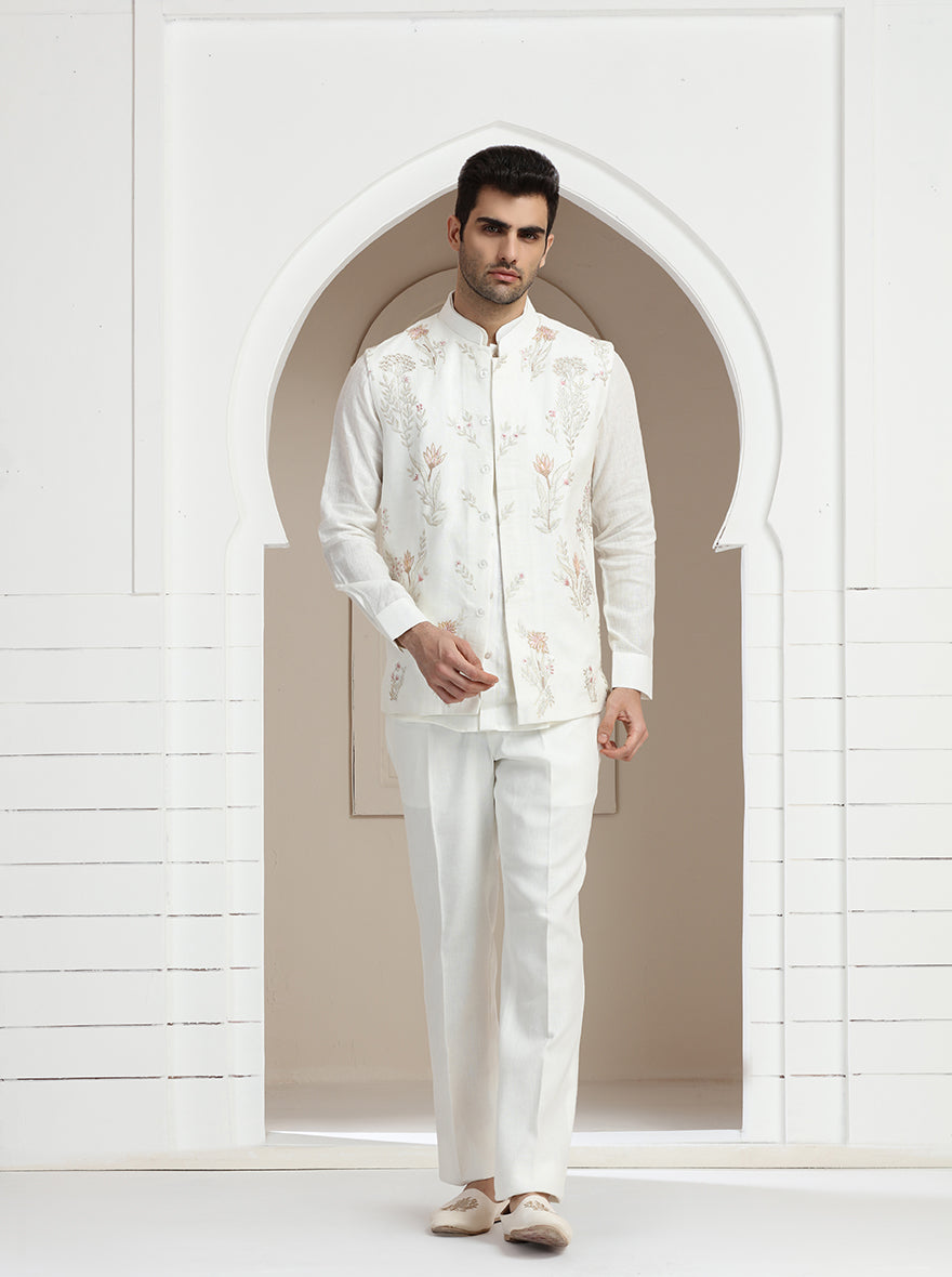 Off White Embroidered Kurta Pajama with Koti | TULA