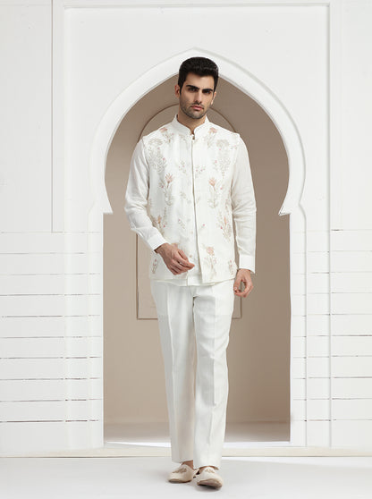 Off White Embroidered Kurta Pajama with Koti | TULA