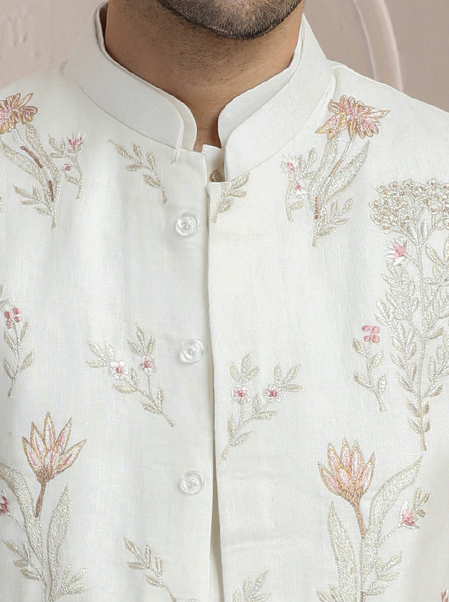 Off White Embroidered Kurta Pajama with Koti | TULA