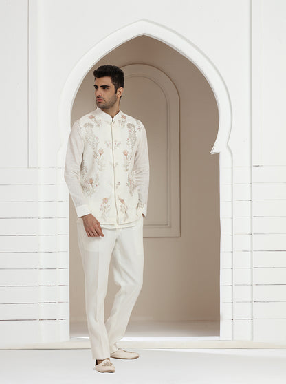 Off White Embroidered Kurta Pajama with Koti | TULA