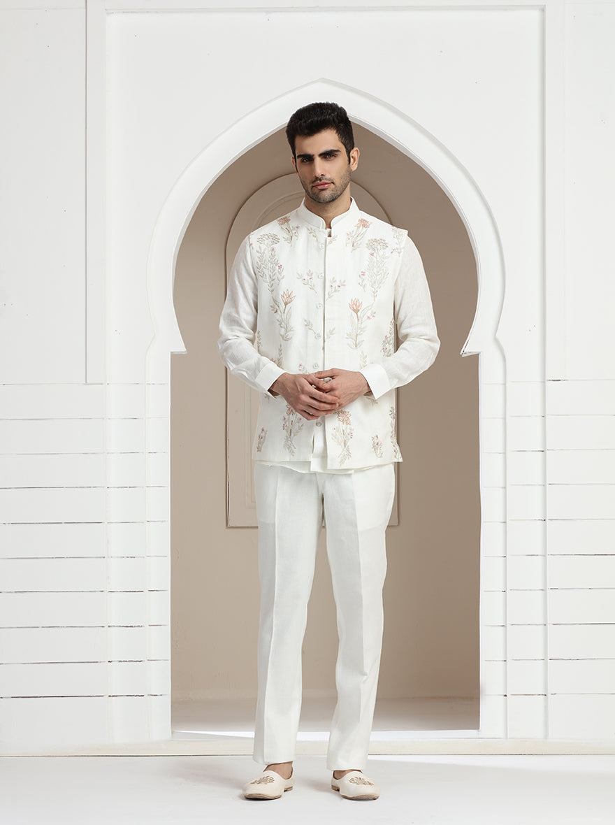 Off White Embroidered Kurta Pajama with Koti | TULA