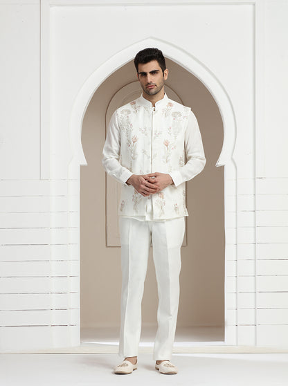 Off White Embroidered Kurta Pajama with Koti | TULA
