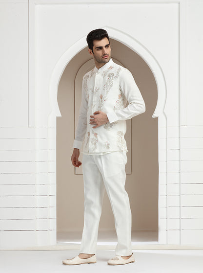 Off White Embroidered Kurta Pajama with Koti | TULA