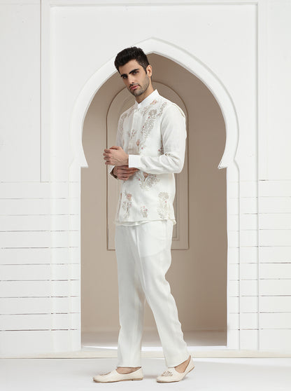 Off White Embroidered Kurta Pajama with Koti | TULA