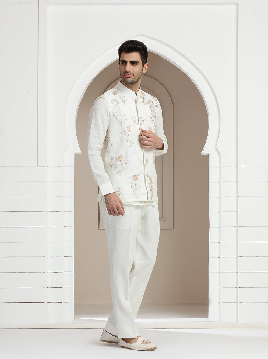 Off White Embroidered Kurta Pajama with Koti | TULA