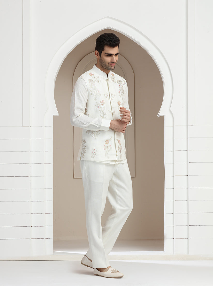 Off White Embroidered Kurta Pajama with Koti | TULA