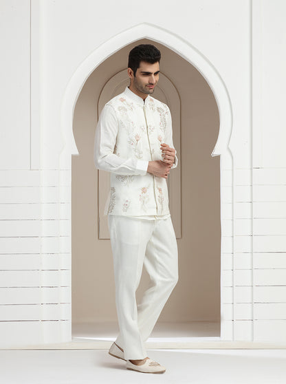 Off White Embroidered Kurta Pajama with Koti | TULA