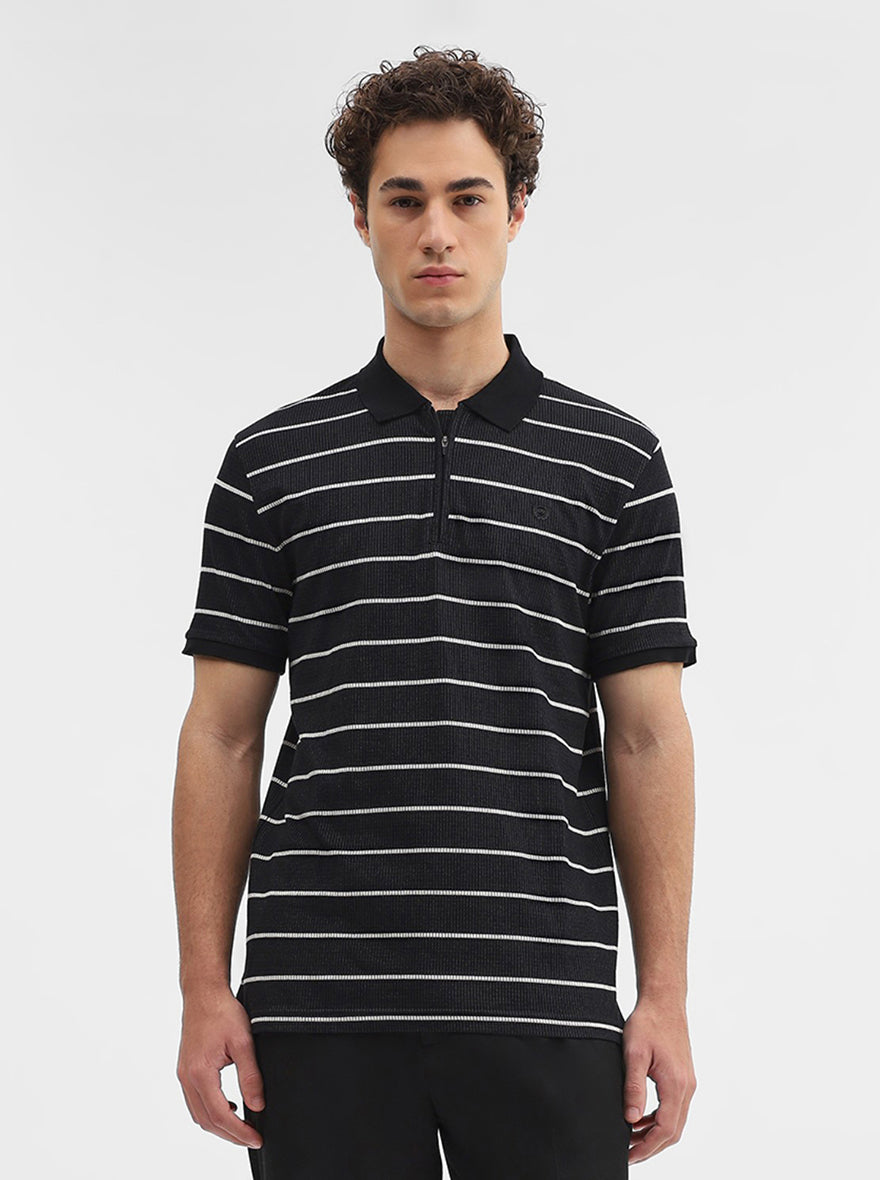 Black Striped Slim Fit Polo T-Shirt | JadeBlue