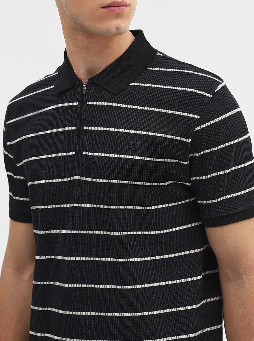 Black Striped Slim Fit Polo T-Shirt | JadeBlue
