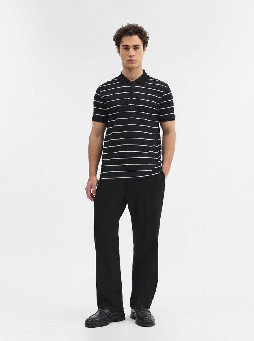 Black Striped Slim Fit Polo T-Shirt | JadeBlue