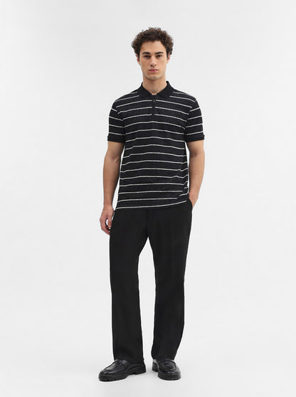 Black Striped Slim Fit Polo T-Shirt | JadeBlue