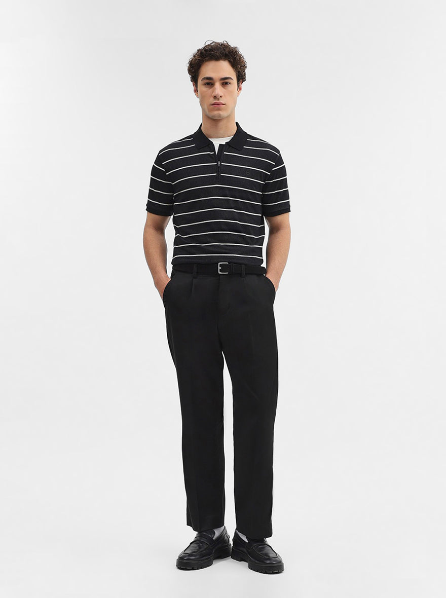 Black Striped Slim Fit Polo T-Shirt | JadeBlue