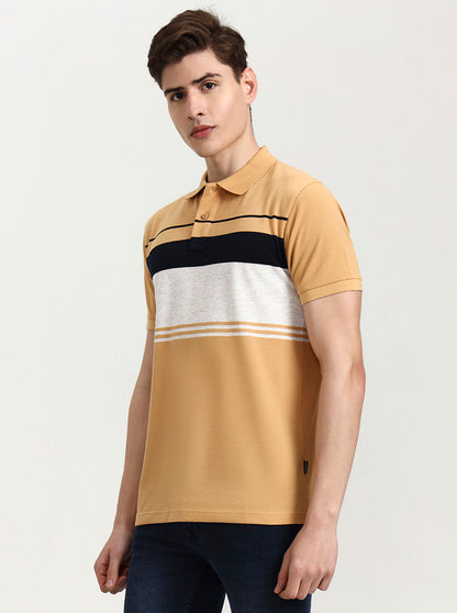 Mustard Grey Striped Slim Fit Polo T-Shirt | Greenfibre