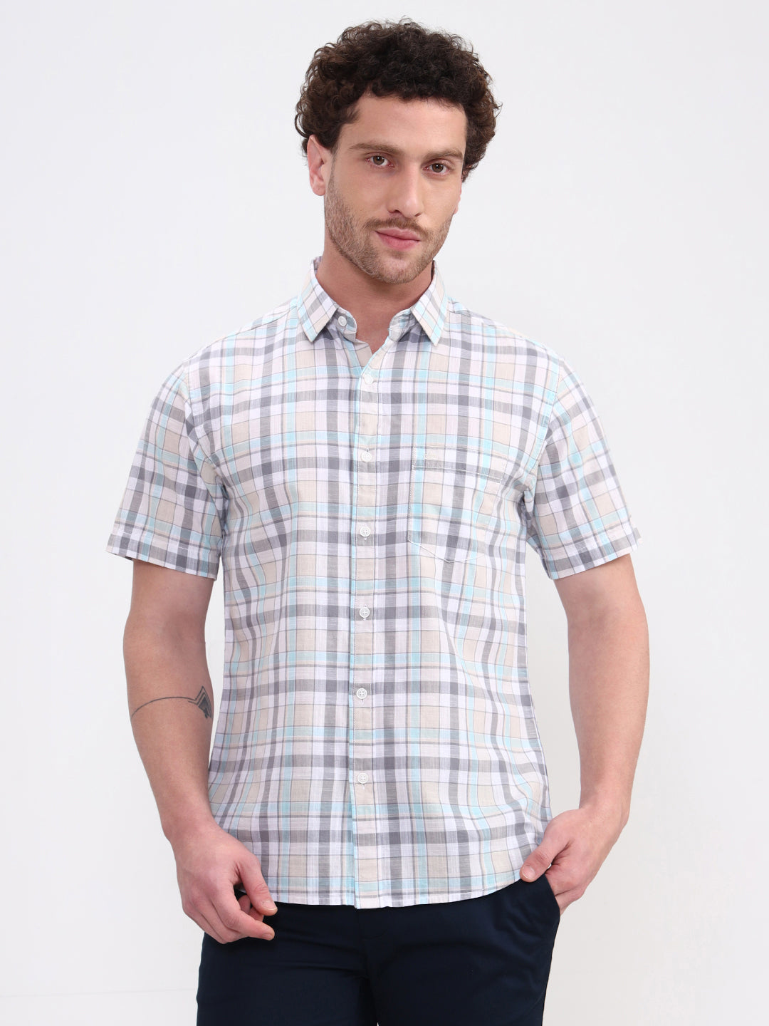 Sky Blue Checked Slim Fit Casual Shirt | JadeBlue