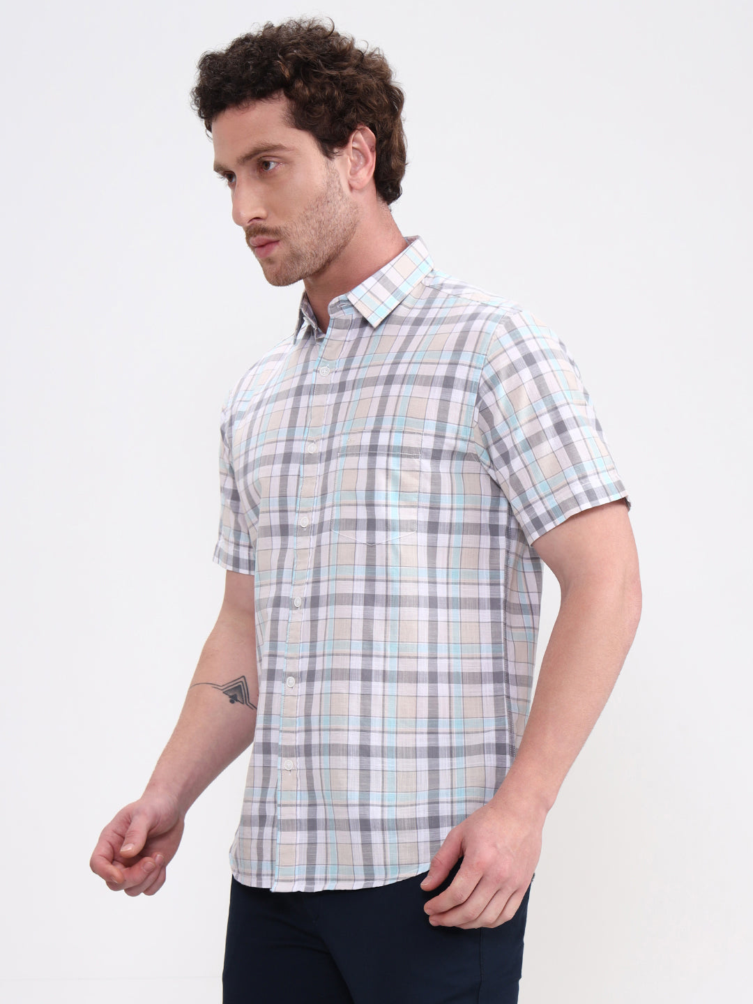 Sky Blue Checked Slim Fit Casual Shirt | JadeBlue