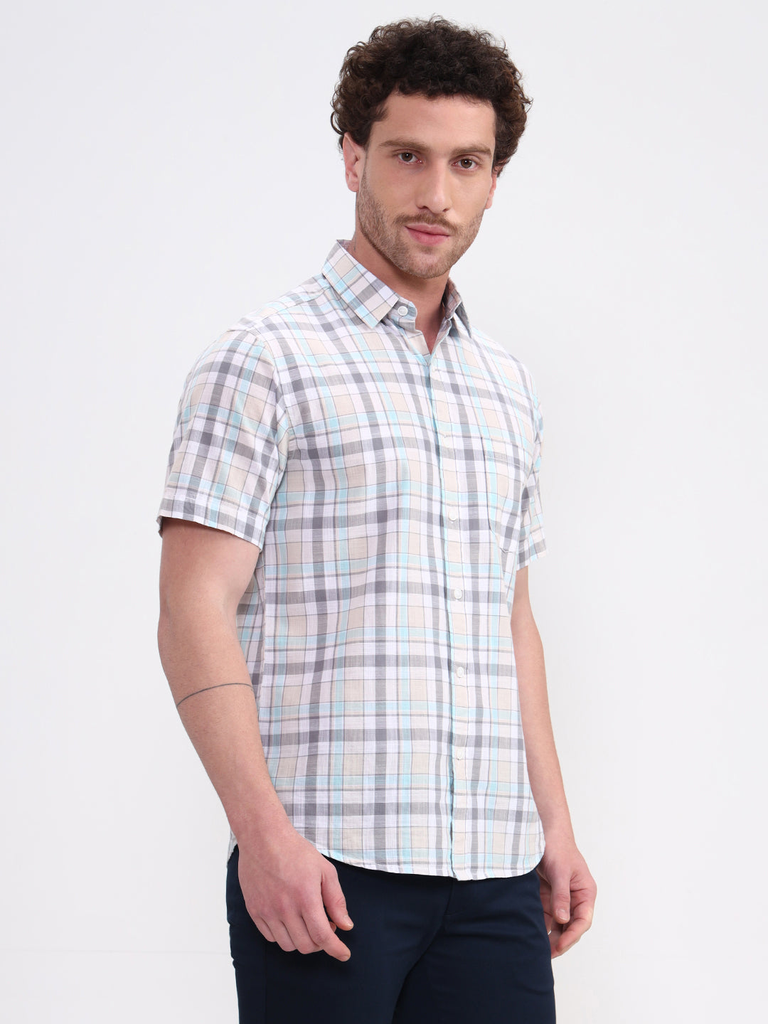 Sky Blue Checked Slim Fit Casual Shirt | JadeBlue