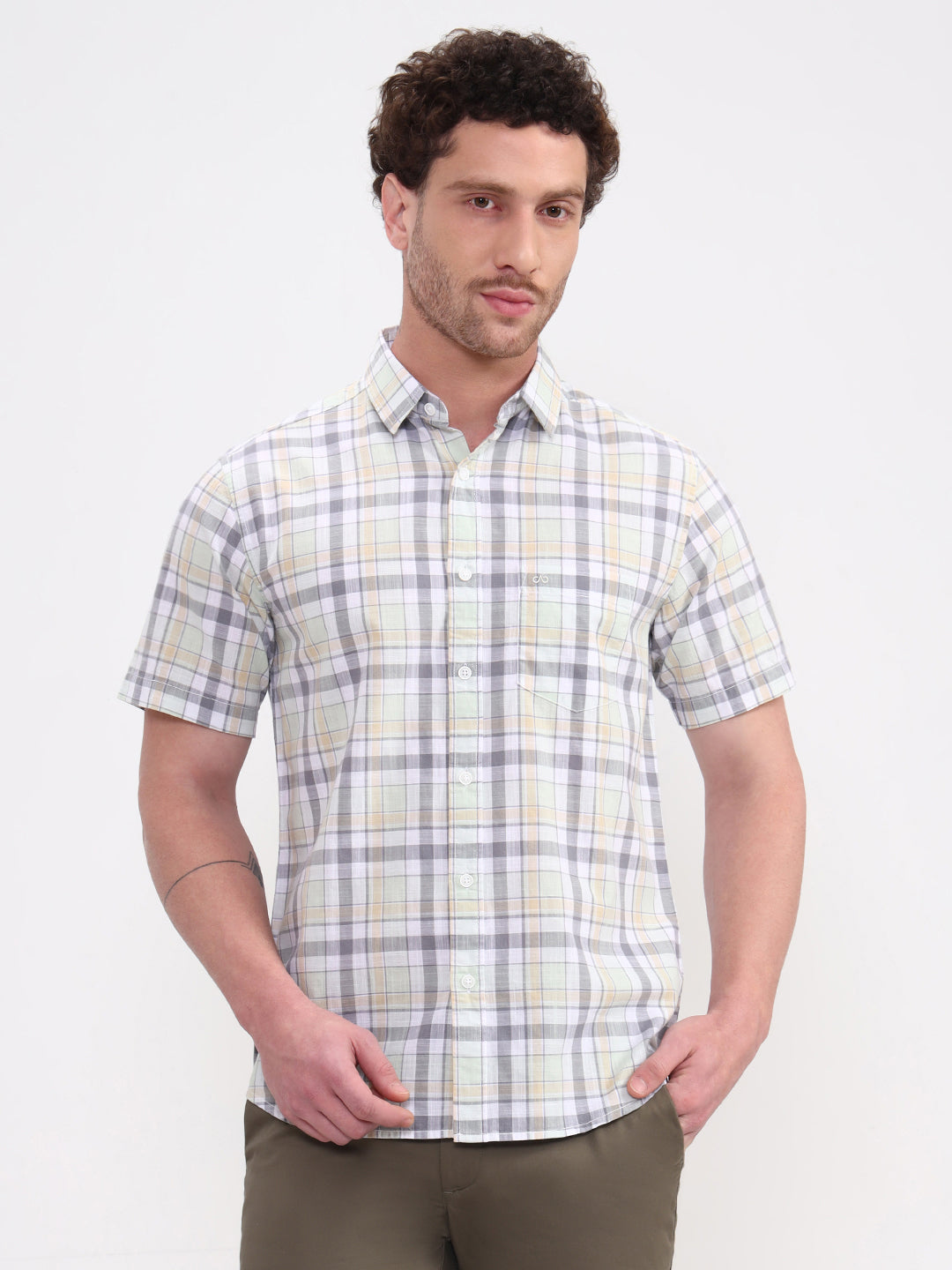 Grey & White Checked Slim Fit Casual Shirt | JadeBlue
