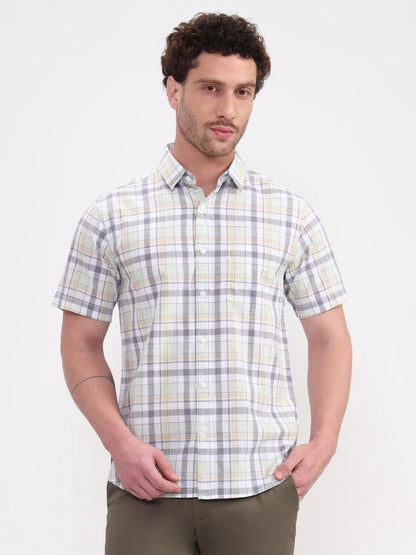 Grey & White Checked Slim Fit Casual Shirt | JadeBlue