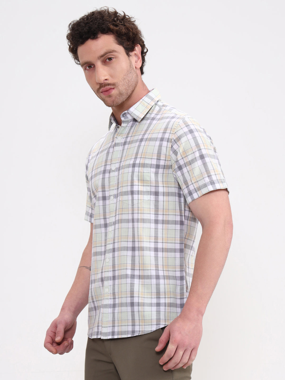 Grey & White Checked Slim Fit Casual Shirt | JadeBlue