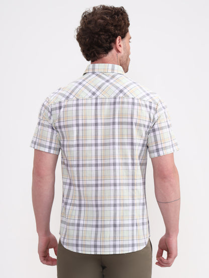 Grey & White Checked Slim Fit Casual Shirt | JadeBlue