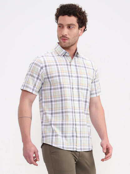 Grey & White Checked Slim Fit Casual Shirt | JadeBlue