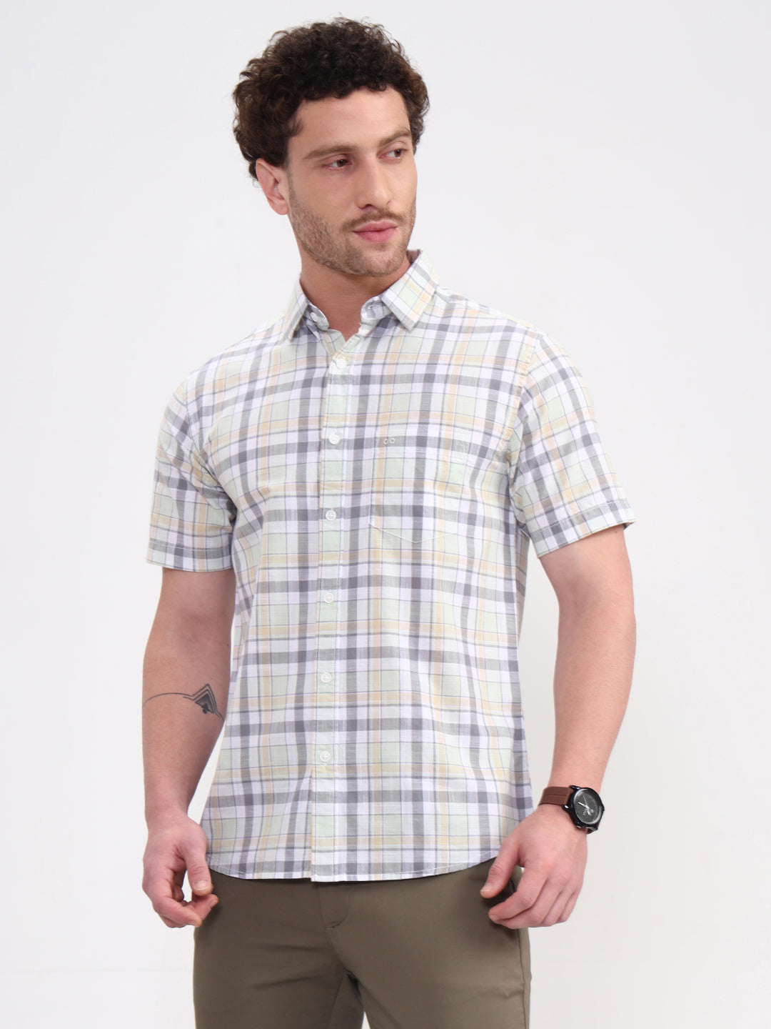 Grey & White Checked Slim Fit Casual Shirt | JadeBlue