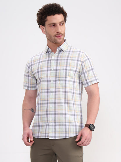 Grey & White Checked Slim Fit Casual Shirt | JadeBlue
