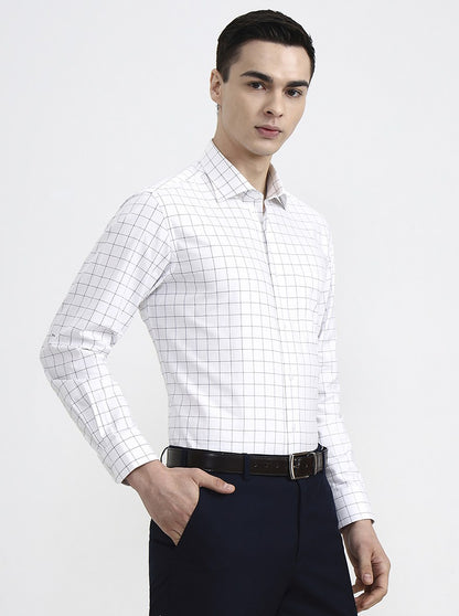 White & Blue Checked Slim Fit Formal Shirt | Metal