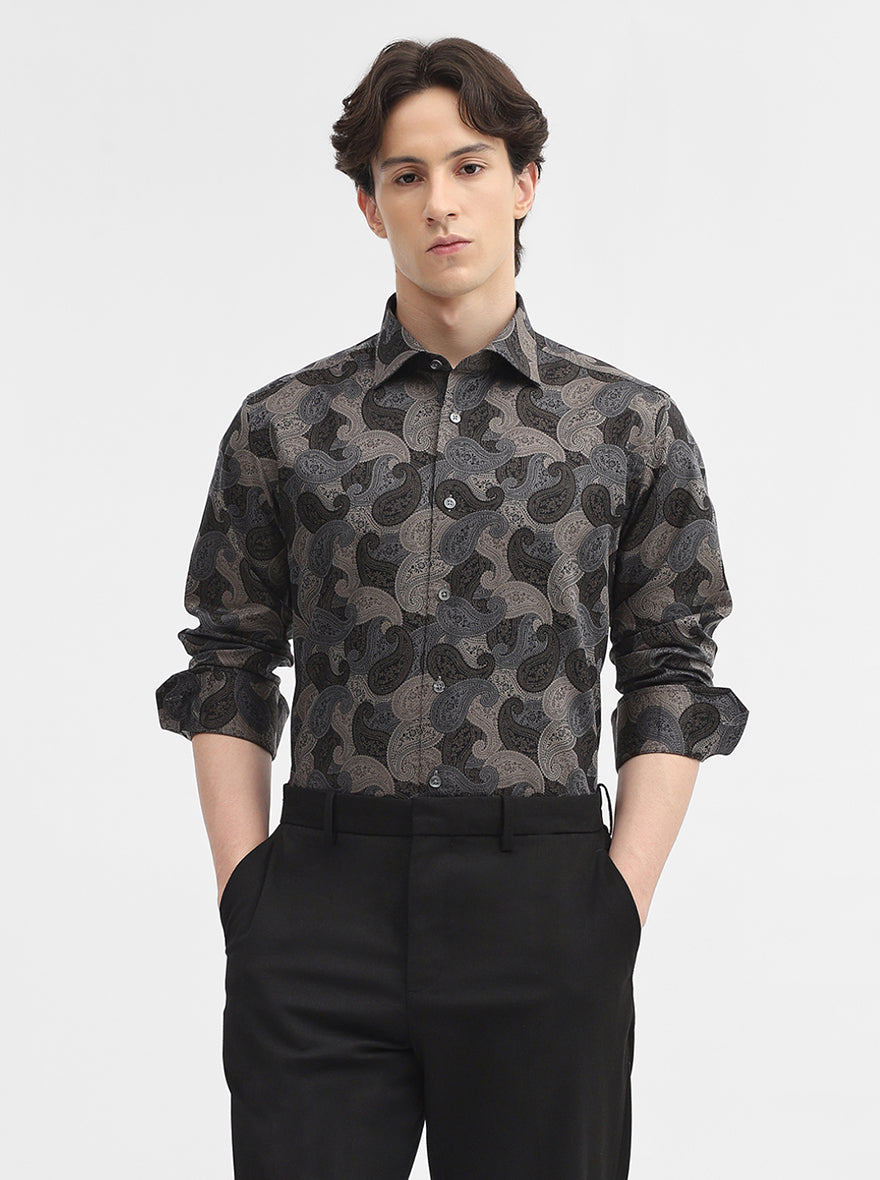 Black & Grey Jacquard Slim Fit Formal Shirt | JadeBlue Super Luxe