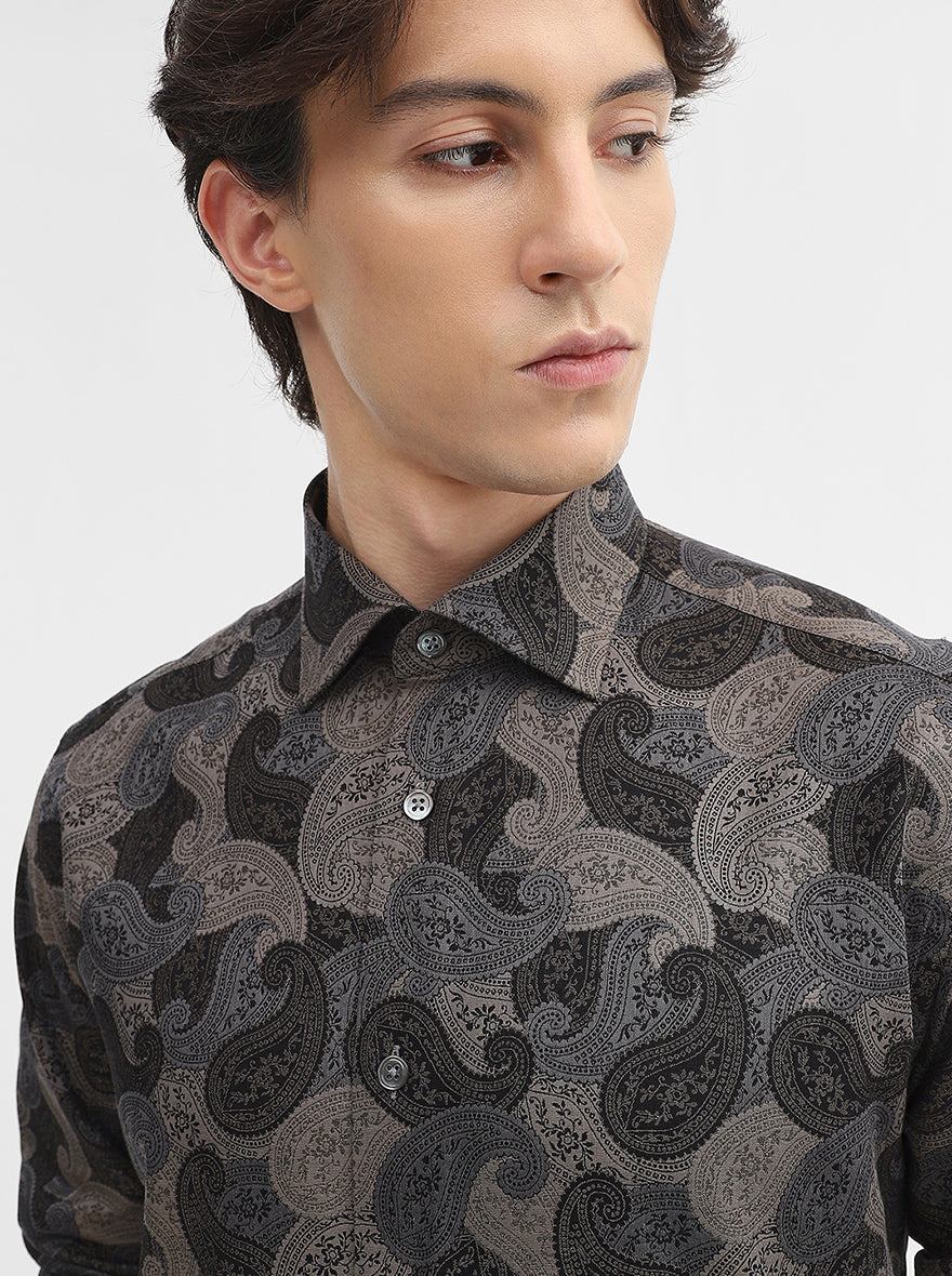 Black & Grey Jacquard Slim Fit Formal Shirt | JadeBlue Super Luxe