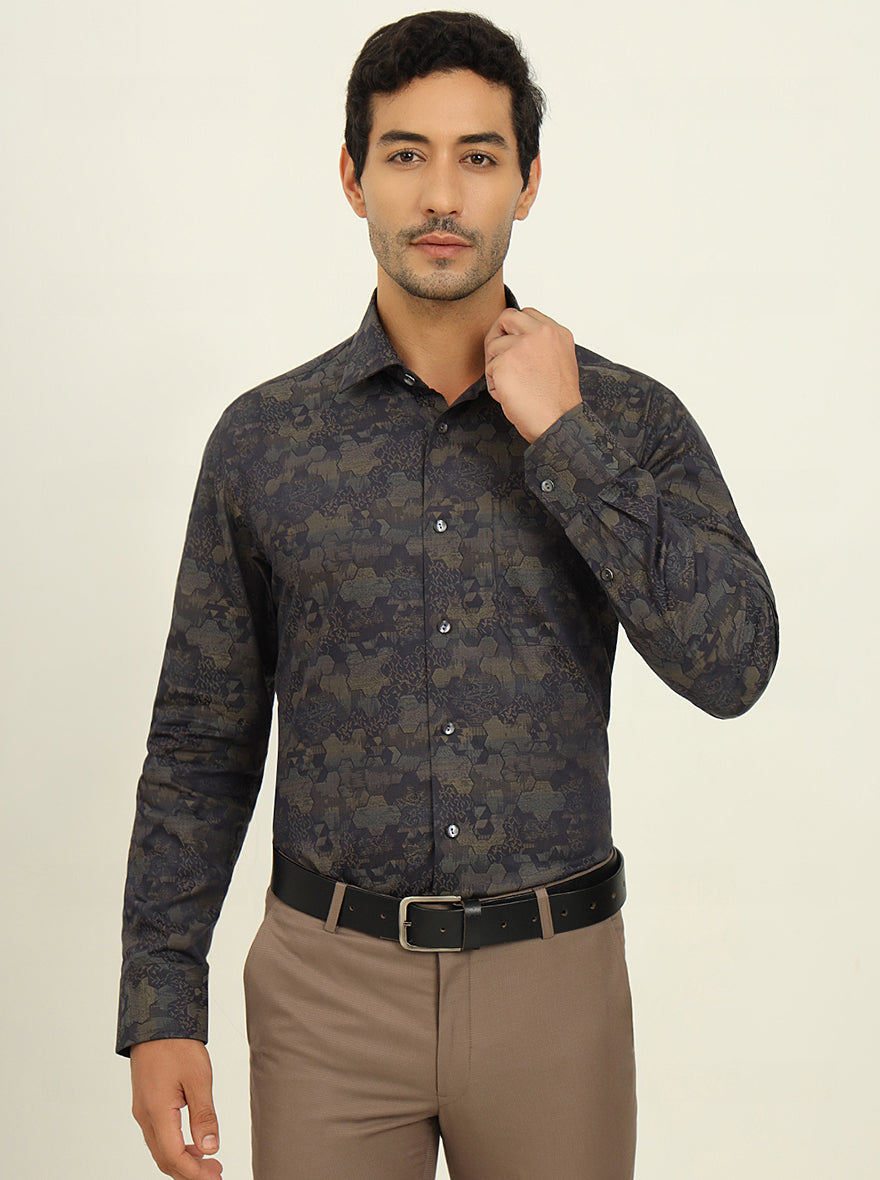 Olive & Grey Printed Slim Fit Formal Shirt | JadeBlue Super Luxe