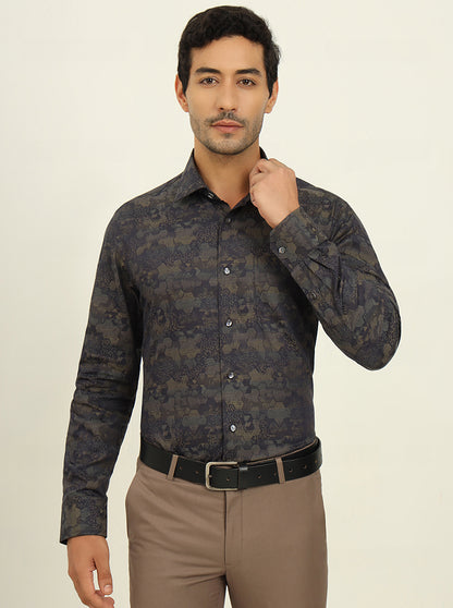Olive & Grey Printed Slim Fit Formal Shirt | JadeBlue Super Luxe
